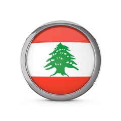Lebanon national flag in a glossy circle shape with chrome frame. 3D Rendering