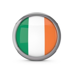 Ireland national flag in a glossy circle shape with chrome frame. 3D Rendering