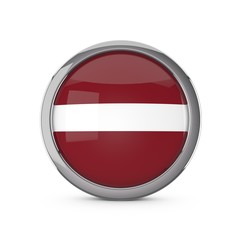 Latvia national flag in a glossy circle shape with chrome frame. 3D Rendering