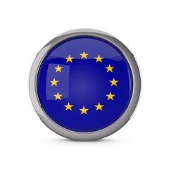 European Union national flag in a glossy circle shape with chrome frame. 3D Rendering