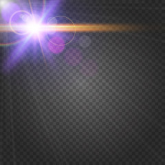 Abstract purple shiny flare on transparent background. Sunshine lens flare effect. Glowing light rays, bokeh, blur and sparkles in glitter bright line. Sun flash with beam and spotlight. Vector EPS 10