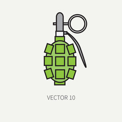 Line flat color vector military icon - hand grenade. Army equipment and weapons. Cartoon style. Assault. Soldiers. Armament. Ammunition. Vector illustration and element for your design and wallpaper.