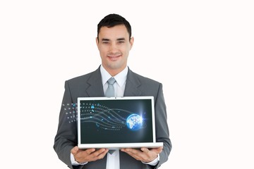 Businessman holding a laptop with icons