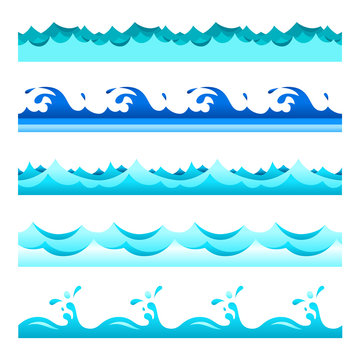 Seamless blue water wave vector bands set for footers, patterns and textures