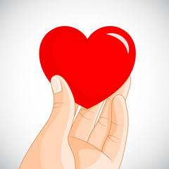 Human hand holding red heart up. vector illustration on gray background.