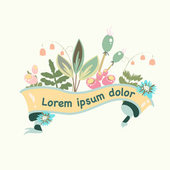 Card template with floral decoration and ribbon for your text