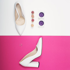 Stylish Trendy white heels . Summer fashion Outfit, Luxury Party shoes. Hipster Essentials. Minimal fashion concept