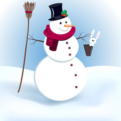 Cute smiling snowman with scarf and hat holding bucket