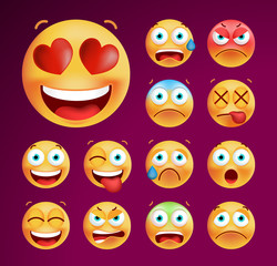 Set of Cute Emoticons on Black Background. Isolated Vector Illustration 