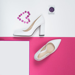 Stylish Trendy white heels . Summer fashion Outfit, Luxury Party shoes. Hipster Essentials. Minimal fashion concept
