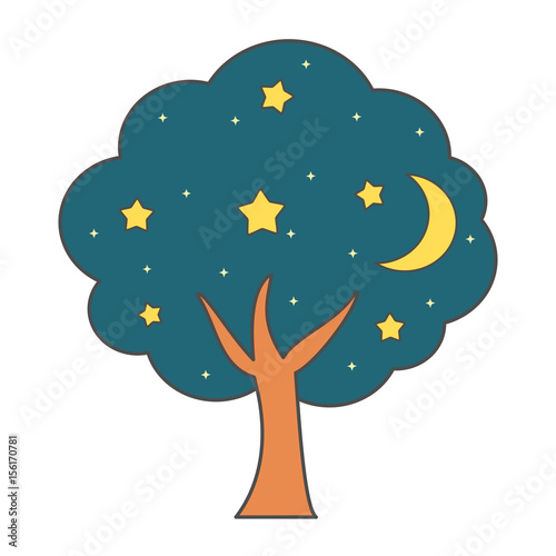 "cute cartoon tree night vector illustration isolated on white