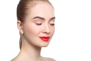 Beautiful girl with red lips portrait isolated on white, crop