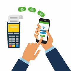  illustration of modern smartphone with processing of mobile payments from credit card on the screen. Online shopping concept