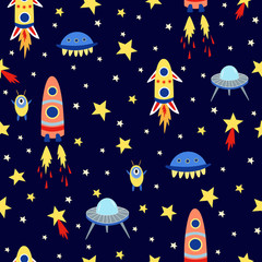 Seamless pattern of cartoon space with aliens, spaceships and stars