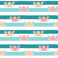 cute crabs on blue stripes background. seamless vector pattern illustration