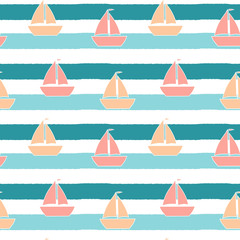 Fototapeta na wymiar cute boats on blue stripes background. seamless vector pattern illustration