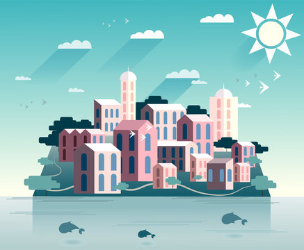 Paper design cityscape island with sun, clouds and whales