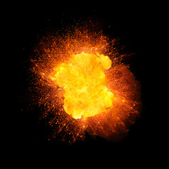 Realistic fire explosion, orange color with sparks isolated on black background - obrazy, fototapety, plakaty
