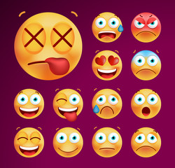 Set of Cute Emoticons on Black Background. Isolated Vector Illustration 