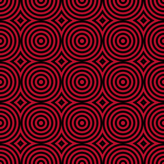 Geometric seamless pattern. Black and red background with circle elements