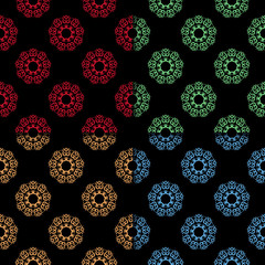 Seamless pattern with colored flower element. Black abstract wallpaper