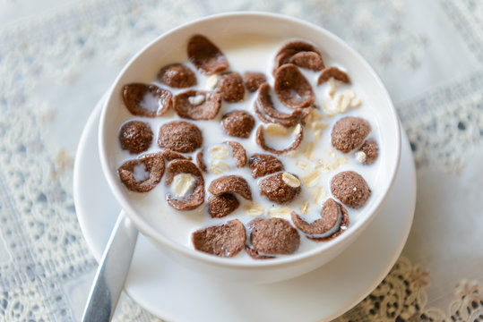 Chocolate Corn Flakes And Oat Flakes With Milk