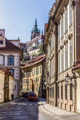 View to Hradcany Castle from the side of the street, located in the 