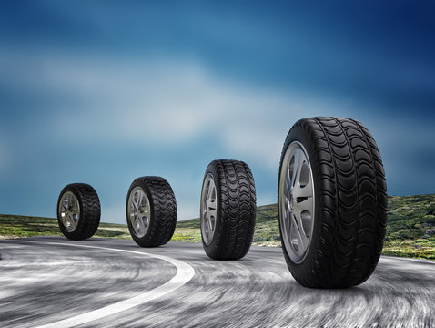 Four automobile wheels on the road. 3d render