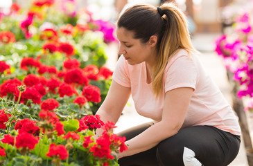 Pretty florists woman working with blooming flowers at a greenhouse