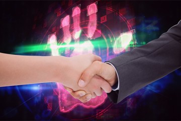 Handshake against colored fingerprint background 