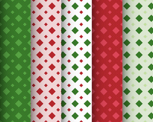 Set of Geometric Seamless Patterns. Christmas Backgrounds in Diamond Patterns. Red and Green.