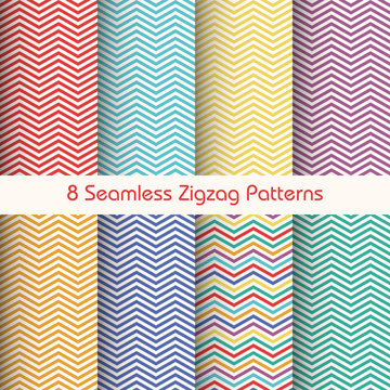 8 Seamless Zigzag Patterns. Colorful Background Set Vector illustration