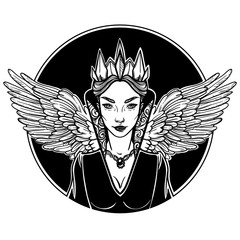 Vector illustration with Evil Queen and the wings of a crow. For coloring books or print clothes.