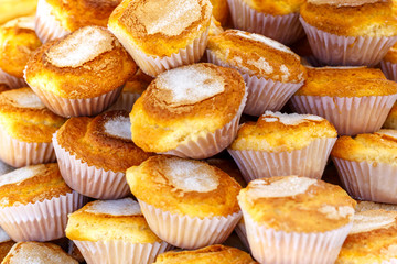 Pile of delicious baked muffins background.