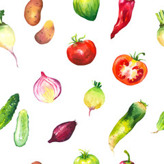 Watercolor illustration with composition of farm grown products. Seamless pattern on white background. Vegetables set: potatoes, turnips, tomato, cucumber, root, onion. Fresh organic food.