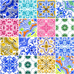 Seamless pattern with with Portuguese tiles. Watercolor illustration of Azulejo on white background. Multicolor design.
