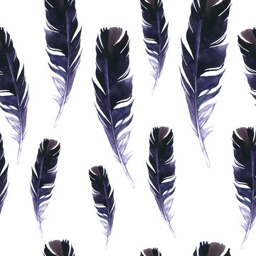 Seamless wild pattern. Background with feathers on white background. Natural watercolor pattern. Boho style.