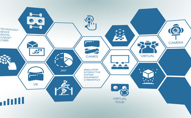 Stylized pictogram of new device virtual augmented reality. Tap screen concept with flat logo digital AR technology future. simulator interactive system cyber space. Vector illustration