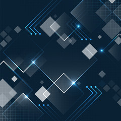 Abstract dark blue vector square technology futuristic background with glitter and grid.