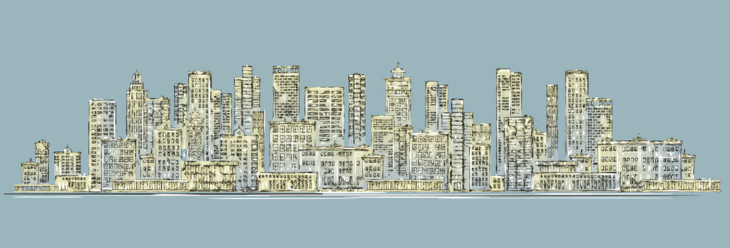 City skyline background. Hand drawn vector