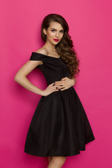 Cheerful Elegant Young Woman In Black Cocktail Dress