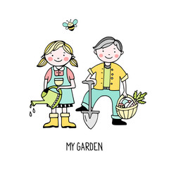 Girl and a boy gardening, hand drawn isolated vector illustration