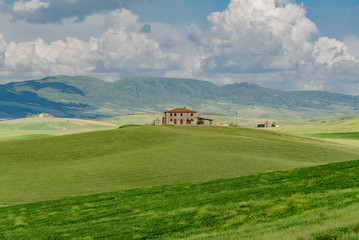 Obraz premium Perfect panorama of green hills with blue sky and fluffy clouds