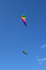 Two kites soaring in serene blue sky, no people