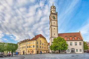 Historical landmarks of Ravensburg: Blaserturm (trumpeter's tower), and Waaghaus (weighing house) loacated on Marienplatz square