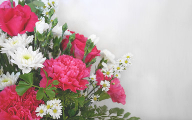 White and pink flower bouquet decorations with copy space