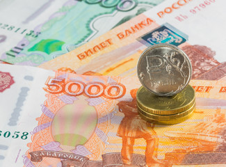 Russian ruble banknotes, paper money and coins