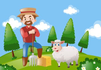 Farmer and sheep on the farm