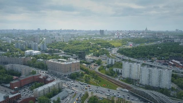 Aerial shot of big traffic jams in Moscow. South western part of the city. 4K video