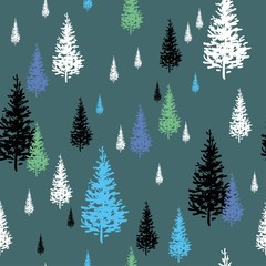 Fir-trees white, black and blue isolated on green-gray background, seamless vector pattern